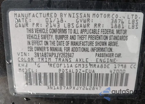 2018 Nissan Sentra Sv from USA, damaged, VIN 3N1AB7APXJY262847